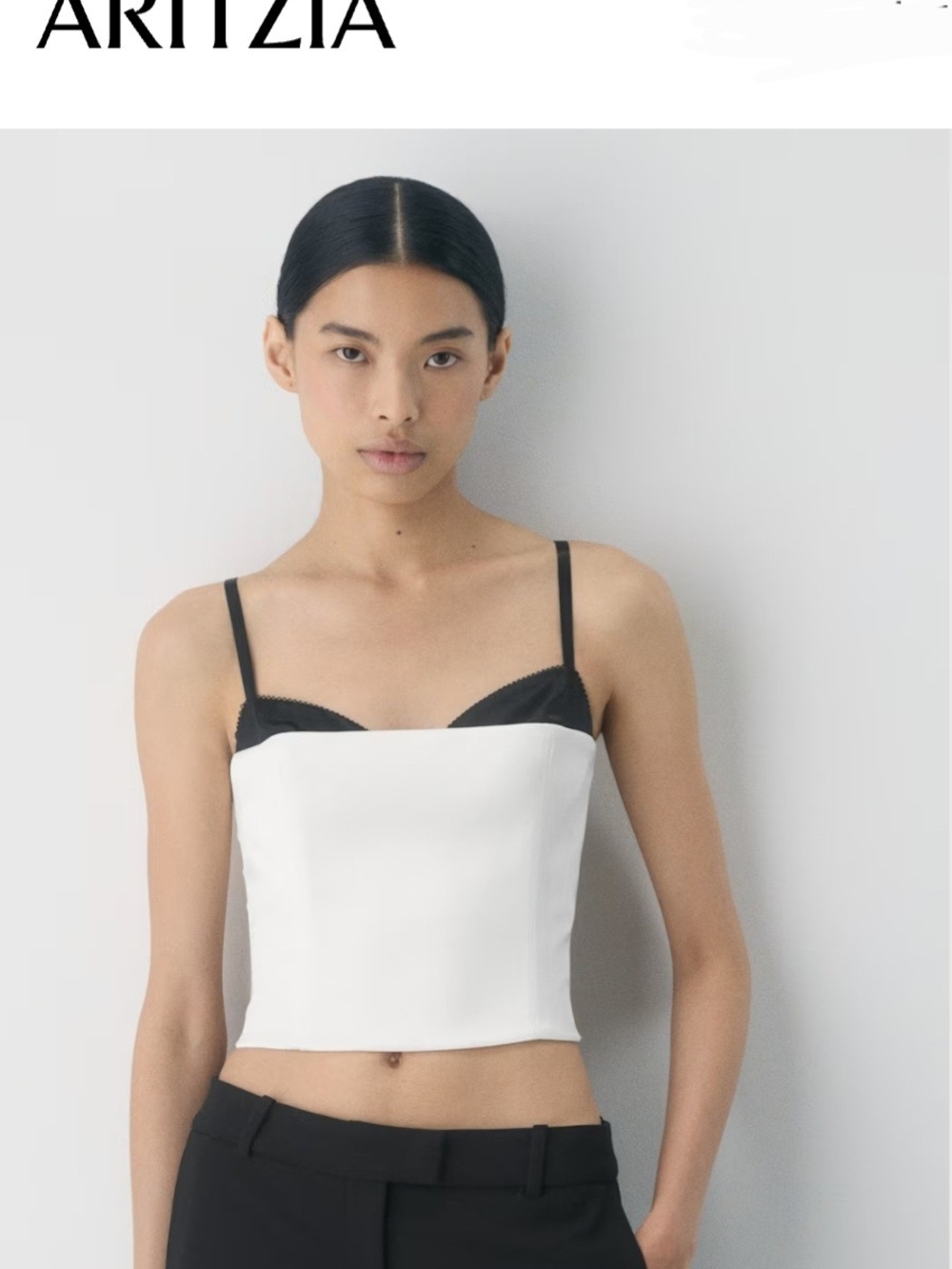 Aritzia Two-Tone Satin Cami Top in Cream and Black - Picture 2 of 6